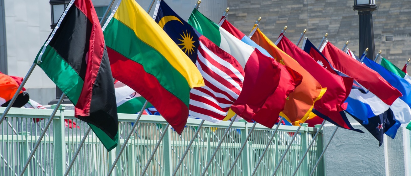 World flags waving on the IMU bridge
