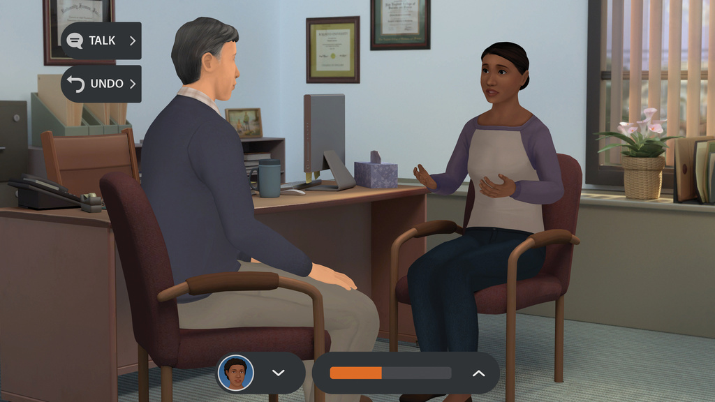 Illustration of two people talking from the Kognito Suicide Prevention Online Interactive Training