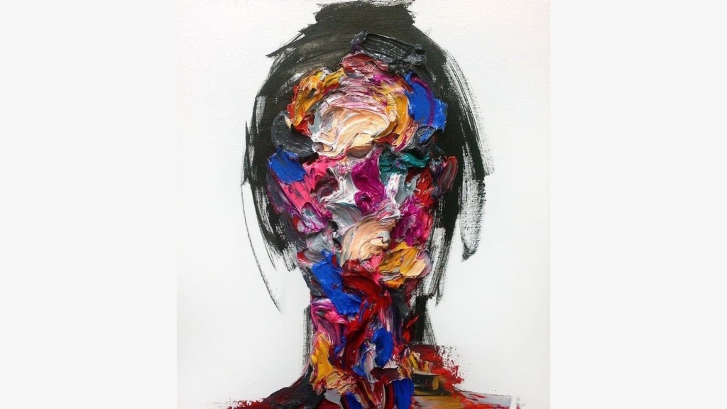 painting of a woman's face with multiple paint colors