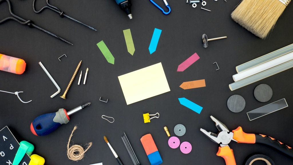 Assorted set of colorful tools and post-it notes